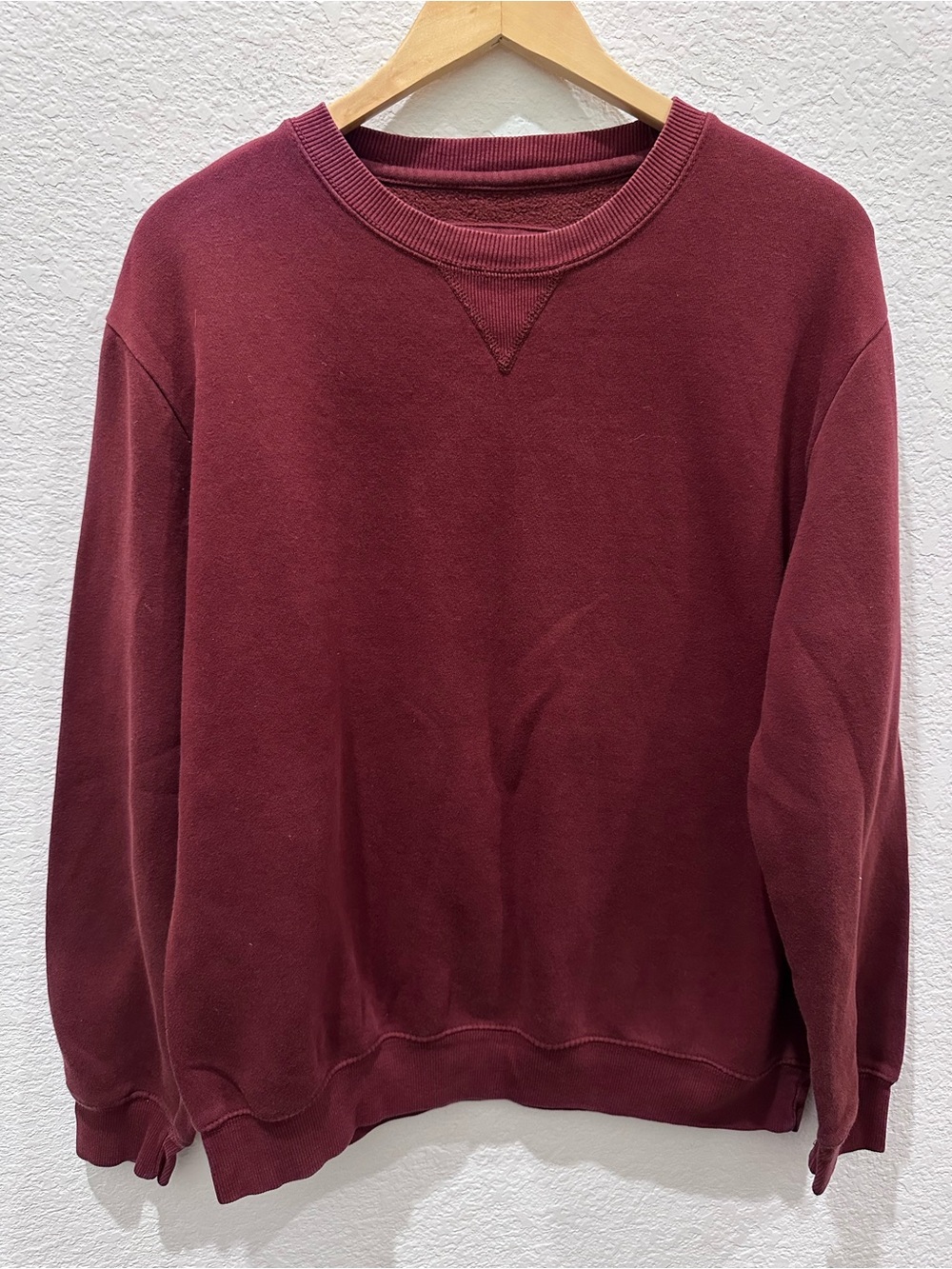 Pull&Bear Mens Maroon Burgundy Crewneck Sweatshirt‎ V-Stitch Pullover Large